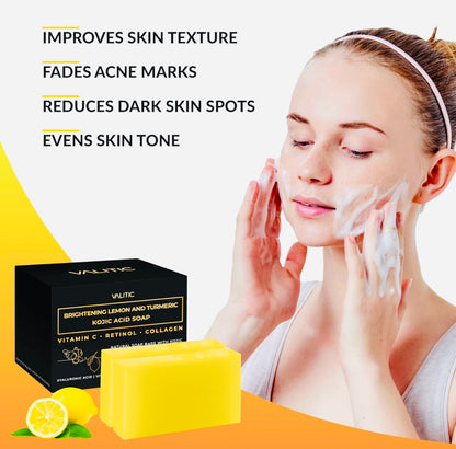 Brightening Lemon & Turmeric Kojic Acid Soap with Vitamin C, Retinol, Collagen - Hyaluronic Acid, Vitamin E, Shea Butter, Castile Olive Oil (2 Pack)