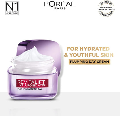 L'Oreal Paris Day Cream for Women, Hydrates and Replumps, For Radiant Skin, Revitalift Hyaluronic Acid, 15ml
