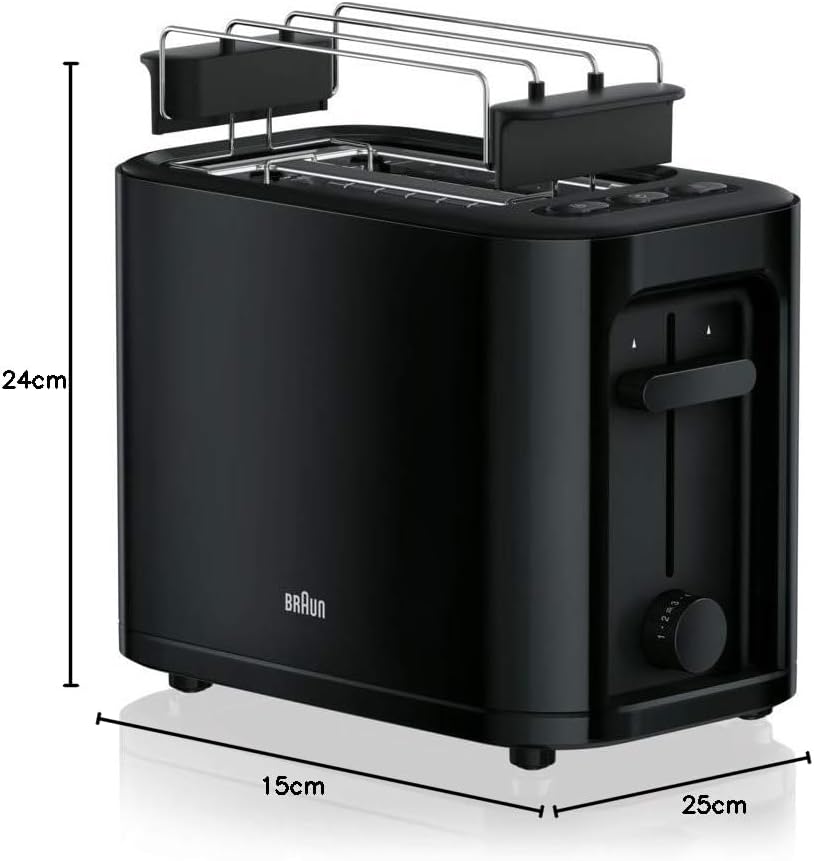 Braun HT 3010 BK Toaster, Double Slot, Removable Crumb Drawer, Warm-up and Defrost Function, 7 Roasting Levels, Separate Bun Attachment, Black