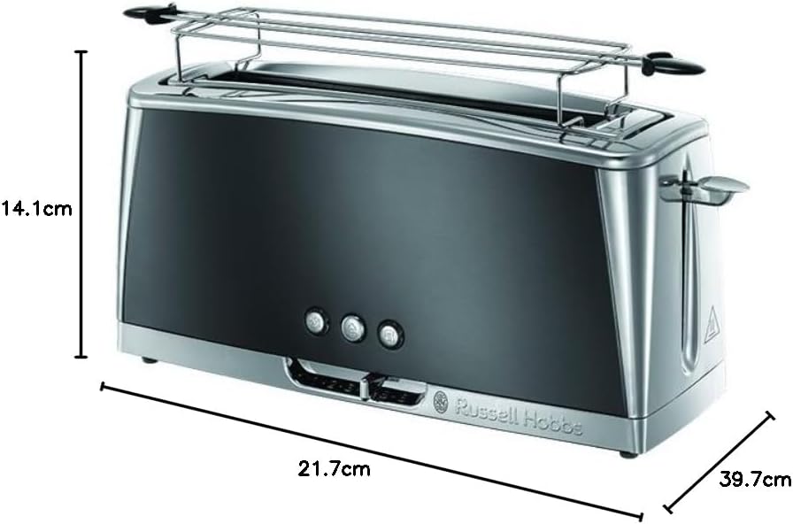 Russell Hobbs Luna 23251-56 Toaster Long Slot for 2 Slices / 1 Wide Bread Slice Stainless Steel Grey (Extra Wide Toast Slot, Includes Bun Attachment, 6 Browning Levels + Defrost & Reheat Function)