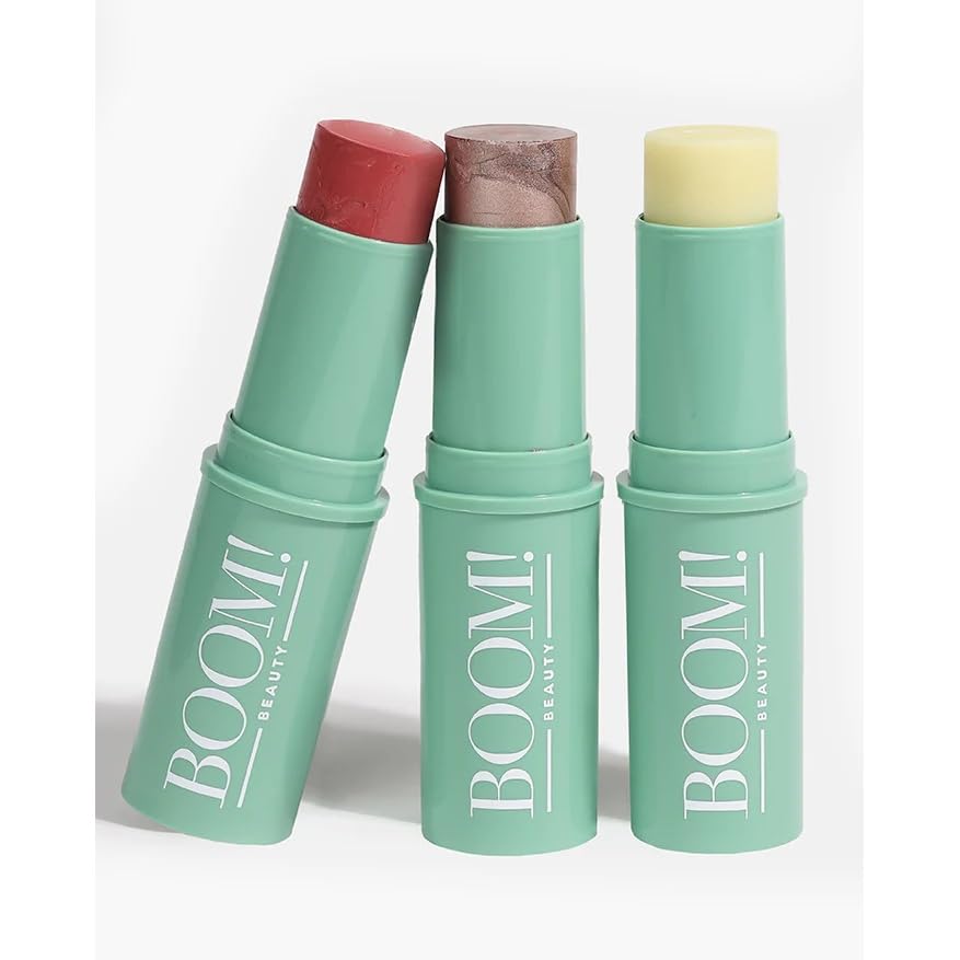 Boomstick Trio ® Rose Nude 3 Pack Cream Blush Makeup - Rose Nude Blush Stick, Highlighter Stick & Moisturizer for Cheeks, Eyes & Lips