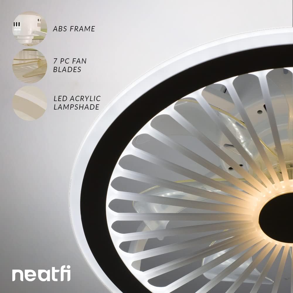 Neatfi 47 CM Bladeless Ceiling Fan with LED Light, 6 Speed Remote Control, 7 ABS Blades, 3 Changeable Light Colors, Reversible, Flush Mount (White)