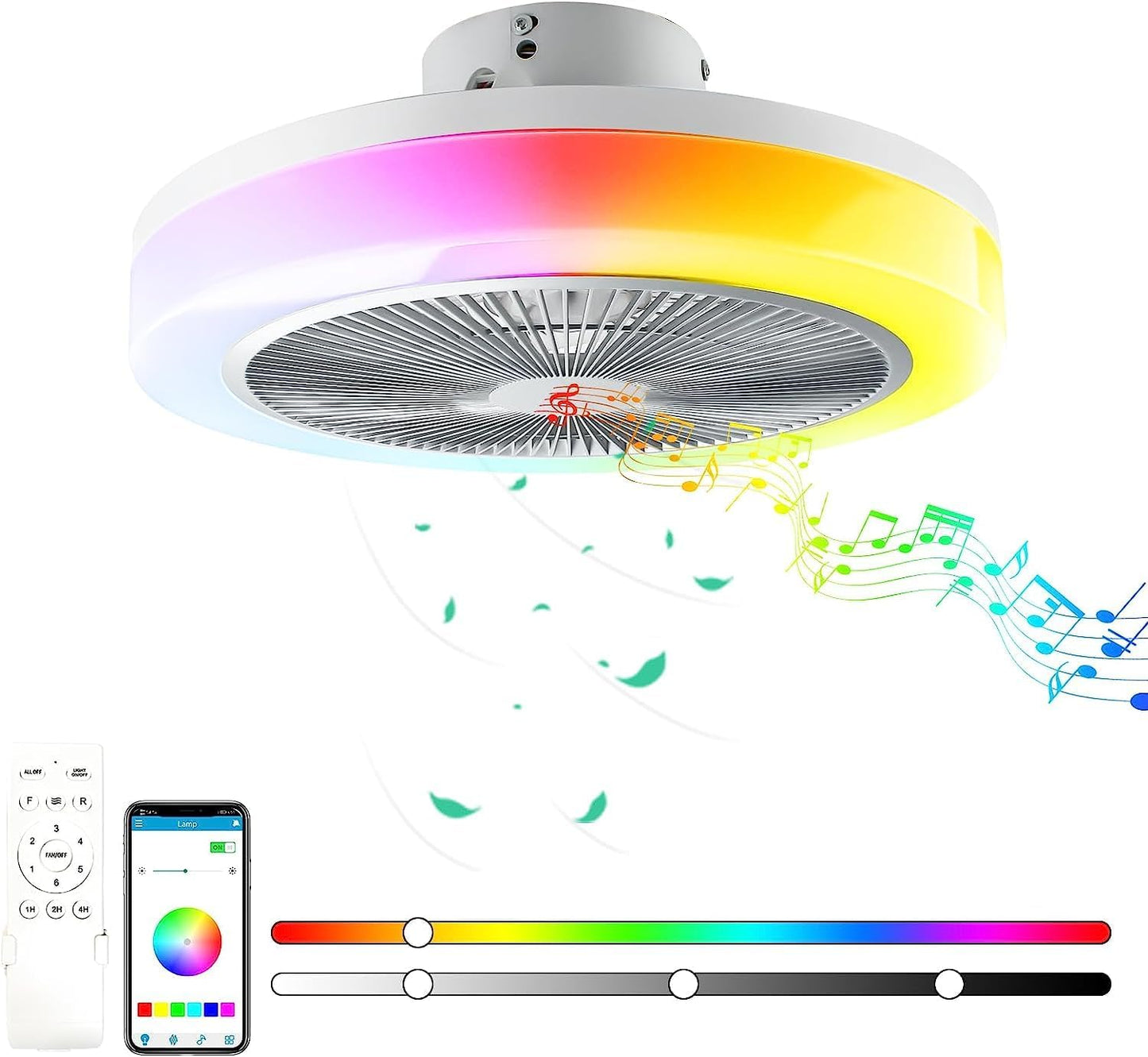 30W 50cm LED Ceiling Light with Fan,RGB Super Bright Lights，Bluetooth Music Speaker,Remote Control and APP,Adjustable Wind Speed and Light,3000k-6500k,Modern Ceiling Light for Bedroom,Living Room
