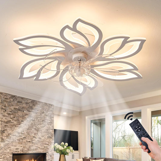 OLUZO Modern Ceiling Light Whit Fan, Low Profile Ceiling Fans with Lights and Remote/APP,Flush Mount Ceiling Light Fan,6 Wind Speed,3 Color Light,Ceiling Fan Light for Bedroom/Office (65cm-White)