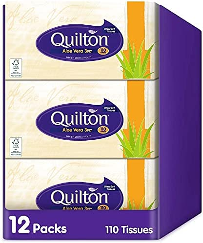 Quilton 3 Ply Aloe Vera Facial tissues, 12 boxes of 110 tissues