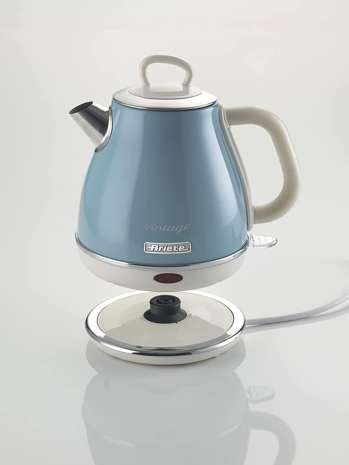 Ariete 2869 Vintage Electric Kettle Stainless Steel 1 Litre for Water, Tea and Herbal Teas with Automatic Shut-Off 2000W Light Blue