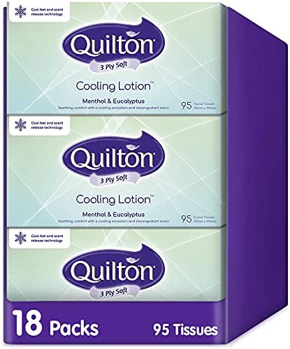 Quilton Cooling Lotion 3 Ply Menthol & Eucalyptus Facial Tissue 95 tissues in a box 18 pack