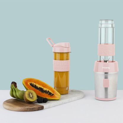 H.Koenig SMOO12 Mini Stand Blender, Pastel Pink, Smoothie Maker, 2 x 570 ml Bottles with Travel Lid and Silicone Coating, 300 W