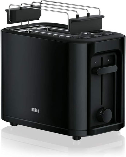 Braun HT 3010 BK Toaster, Double Slot, Removable Crumb Drawer, Warm-up and Defrost Function, 7 Roasting Levels, Separate Bun Attachment, Black