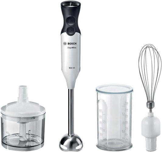 Bosch ErgoMixx MS6CA4150 Hand Blender Stainless Steel Mixing Base, Mixing and Measuring Cup, Whisk, 4-Blade Blade, Lightweight Housing, 12 Levels Plus Turbo Stand, 800 W, White/Anthracite