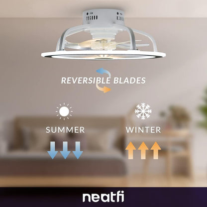 Neatfi 47 CM Bladeless Ceiling Fan with LED Light, 6 Speed Remote Control, 7 ABS Blades, 3 Changeable Light Colors, Reversible, Flush Mount (White)