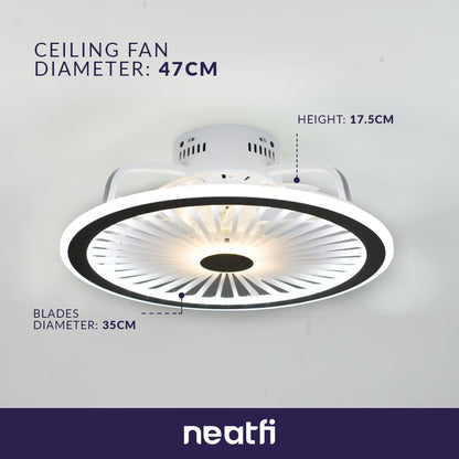 Neatfi 47 CM Bladeless Ceiling Fan with LED Light, 6 Speed Remote Control, 7 ABS Blades, 3 Changeable Light Colors, Reversible, Flush Mount (White)