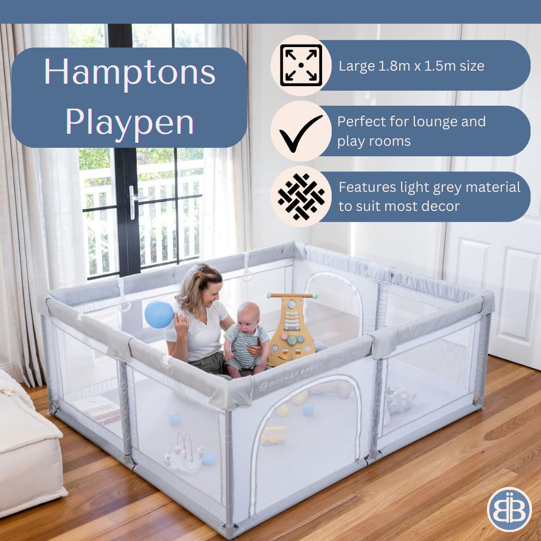 Aussie BOSHAY BABY Playpen, 1.8m x 1.5m Large Playpen in Grey, Baby/Kids Activity Play Yard