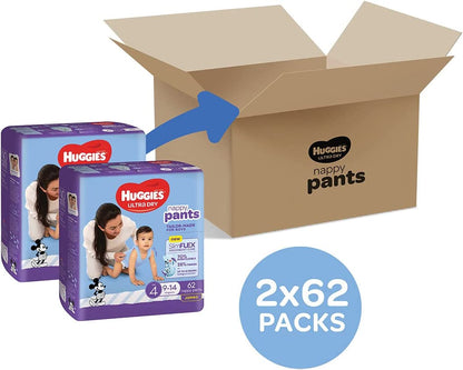 Huggies Ultra Dry Nappy Pants Boy Size 4 (9-14kg), 124 pieces