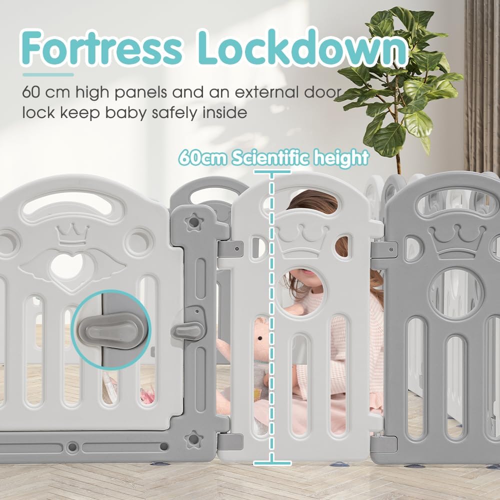 PlayPals Baby Playpen, 18 Panels Baby Play Pen with Lock Door, Adjustable  (Gray + White)