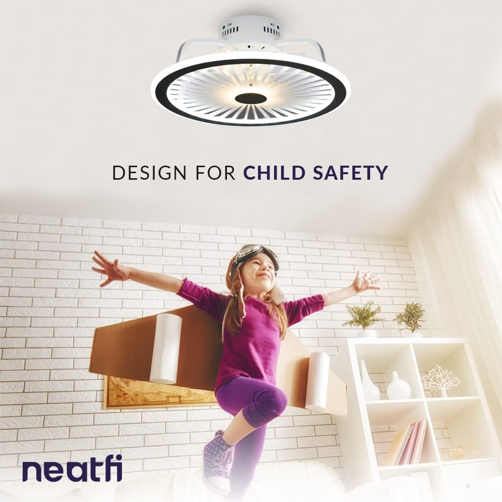 Neatfi 47 CM Bladeless Ceiling Fan with LED Light, 6 Speed Remote Control, 7 ABS Blades, 3 Changeable Light Colors, Reversible, Flush Mount (White)