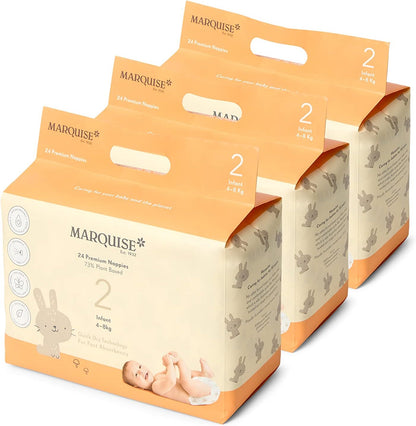 Marquise Baby Infant Nappies Size 2 (4-8kg) - 72 Count (3 x 24 Packs), Premium Eco-Friendly Nappy Pants, Quick Dry 12-Hours Leak Protection - Lightweight, Super Stretch Pure Comfort