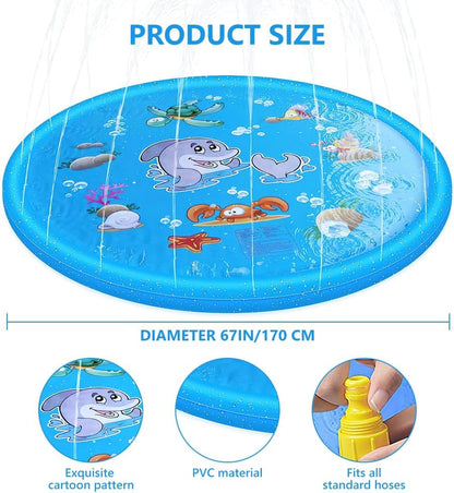 Dhqkqg Splash Pad, 170 cm Sprinkler Play Mat, Foldable Splash Sprinkler Pad, Non-Slip Children's Splash Pad, Summer Sprinkler Water Play Mat with Non-Slip Function for Boys, Girls, Pets