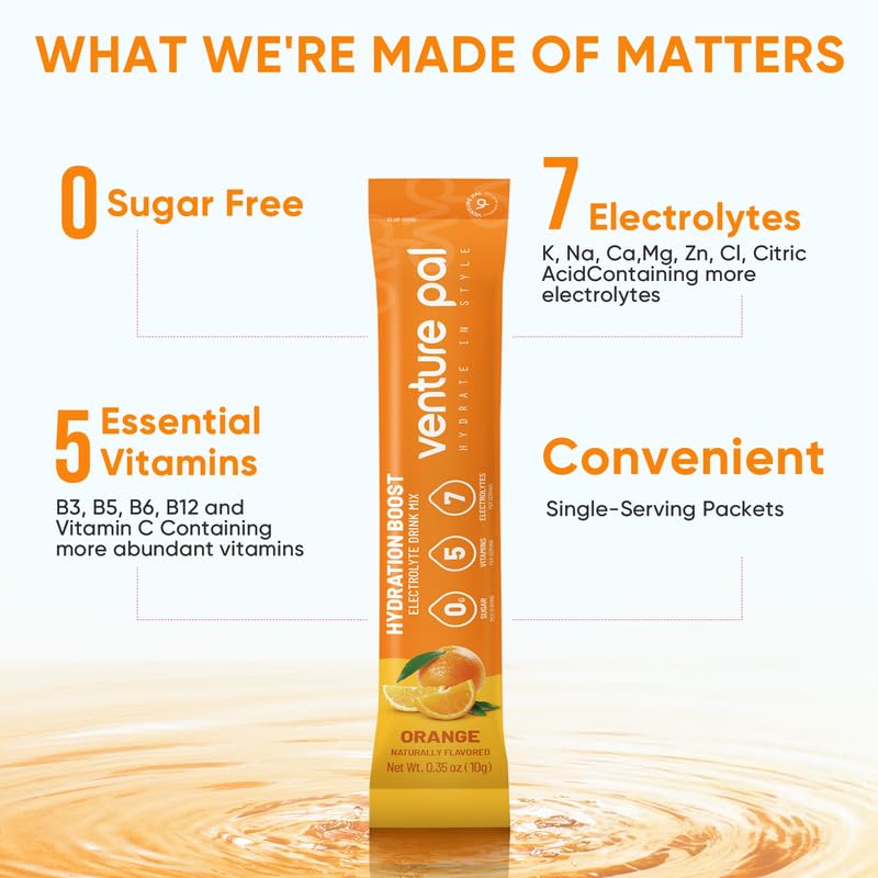 Venture Pal Sugar Free Electrolyte Powder Packets - Liquid Daily IV Drink Mix for Rapid Hydration & Party Recovery | 5 Vitamins & 7 Electrolytes| Keto Friendly | Non-GMO | Certified Vegan | 16 Sticks