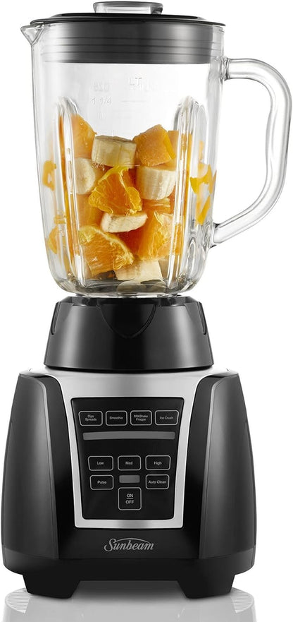 Sunbeam Auto Clean Blender & Smoothie Maker | Self Cleaning Function | 1.25L Glass Jug | Powerful 550W Motor | One-Touch Controls | Crushes Ice | Black | PBT3000BK