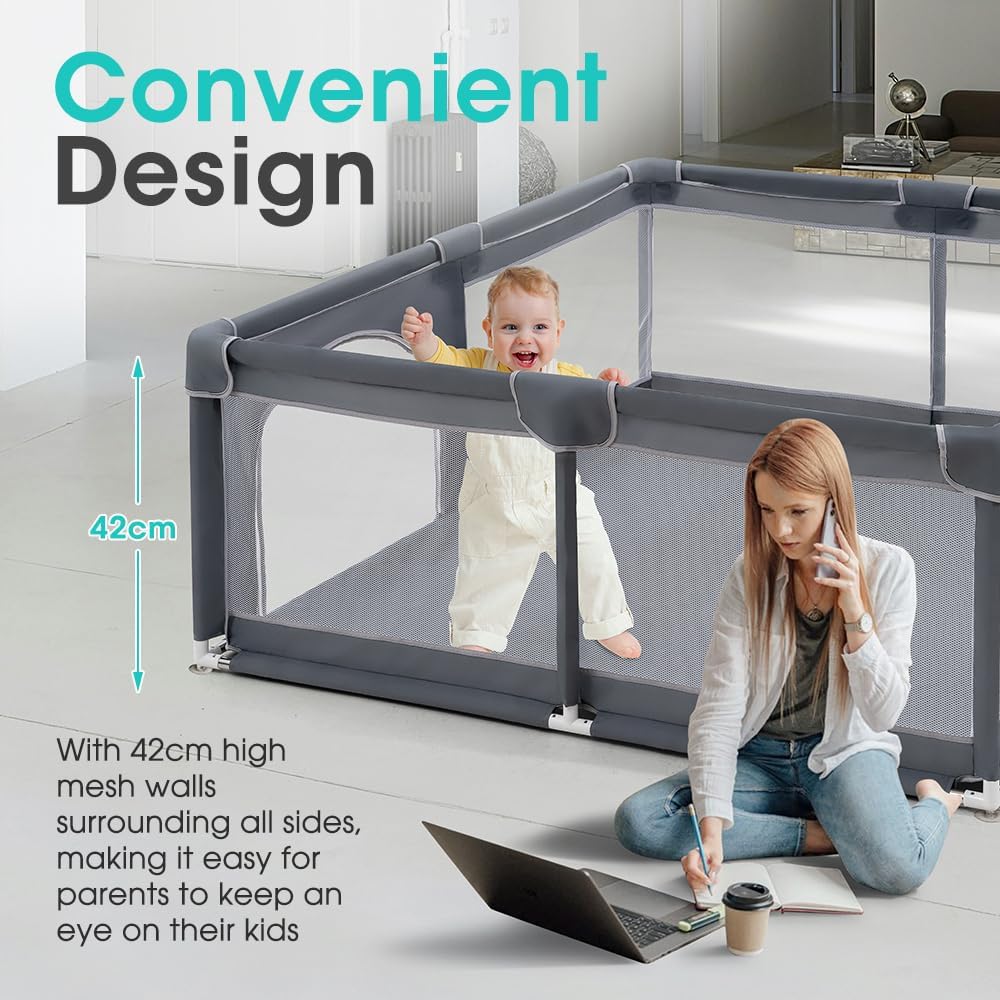 Playpals Baby Playpen – 180x200cm Spacious Play Yard for Babies & Toddlers , Grey