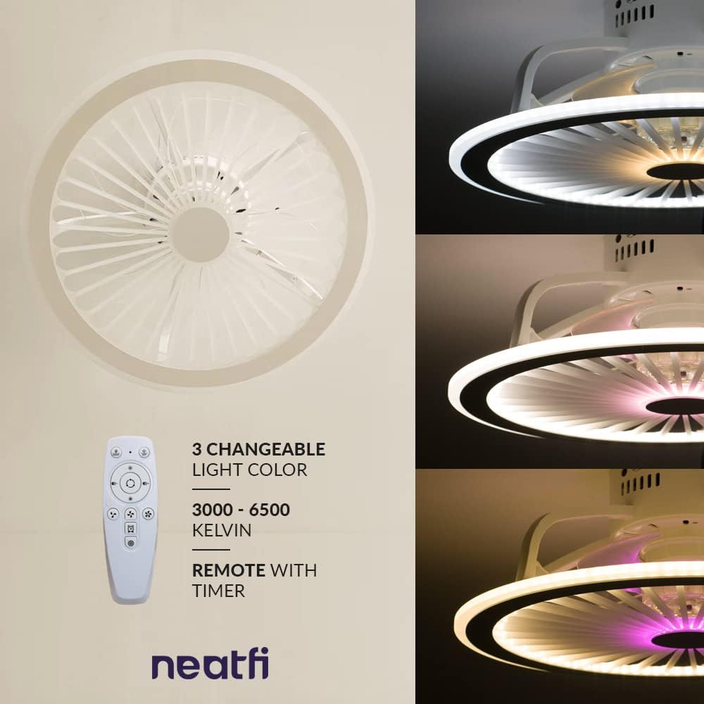 Neatfi 47 CM Bladeless Ceiling Fan with LED Light, 6 Speed Remote Control, 7 ABS Blades, 3 Changeable Light Colors, Reversible, Flush Mount (White)