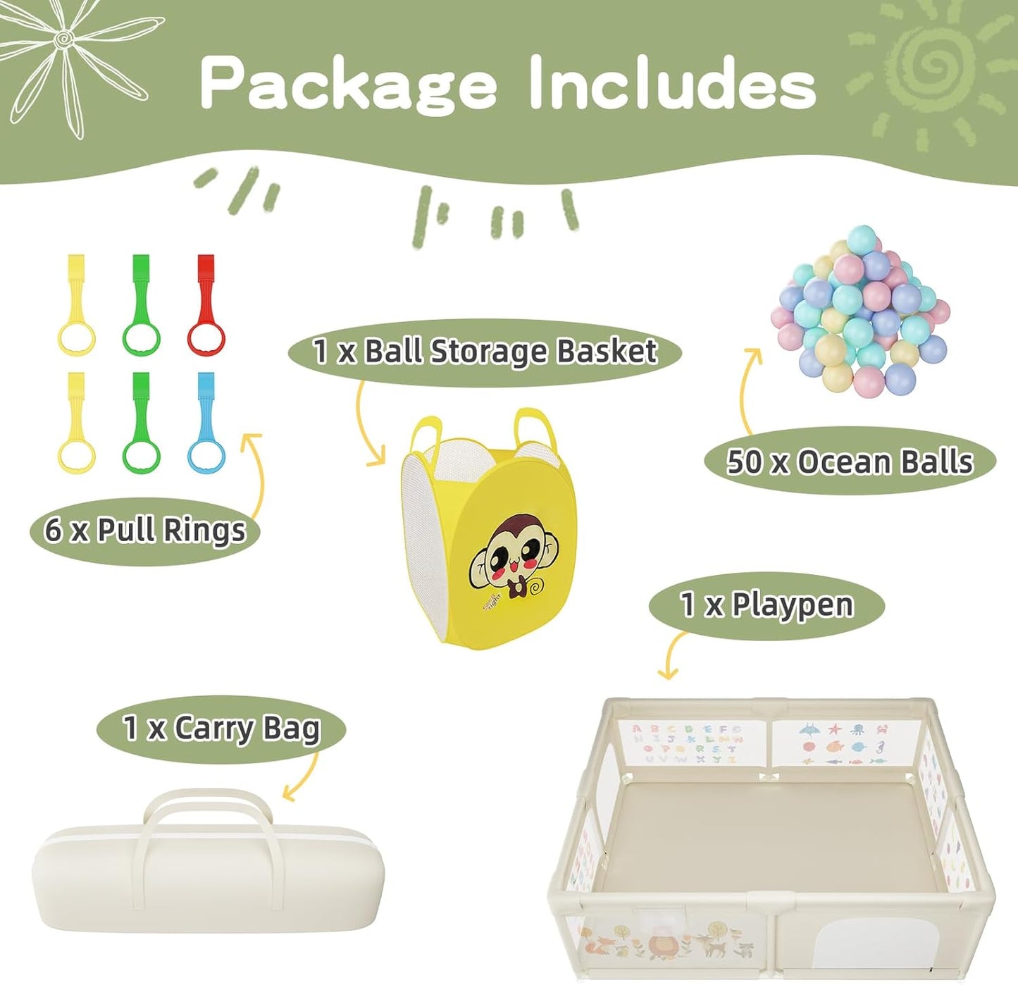 Baby Playpen 200 x 160 cm, Extra-Large Non-Slip Playpens with Patterns, 50 Ocean Balls, 6 Pull Rings (Beige)