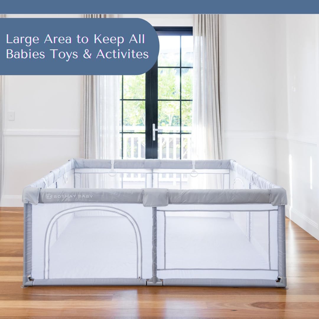 Aussie BOSHAY BABY Playpen, 1.8m x 1.5m Large Playpen in Grey, Baby/Kids Activity Play Yard