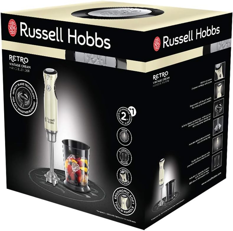Russell Hobbs Hand Blender [Purée Stick] Retro Cream (Measuring Cup + Lid, BPA-Free, Dishwasher Safe, Infinity Mix Technology, for Smoothie, Soups, Sauces, Baby Food) Vintage Chopper 25232-56