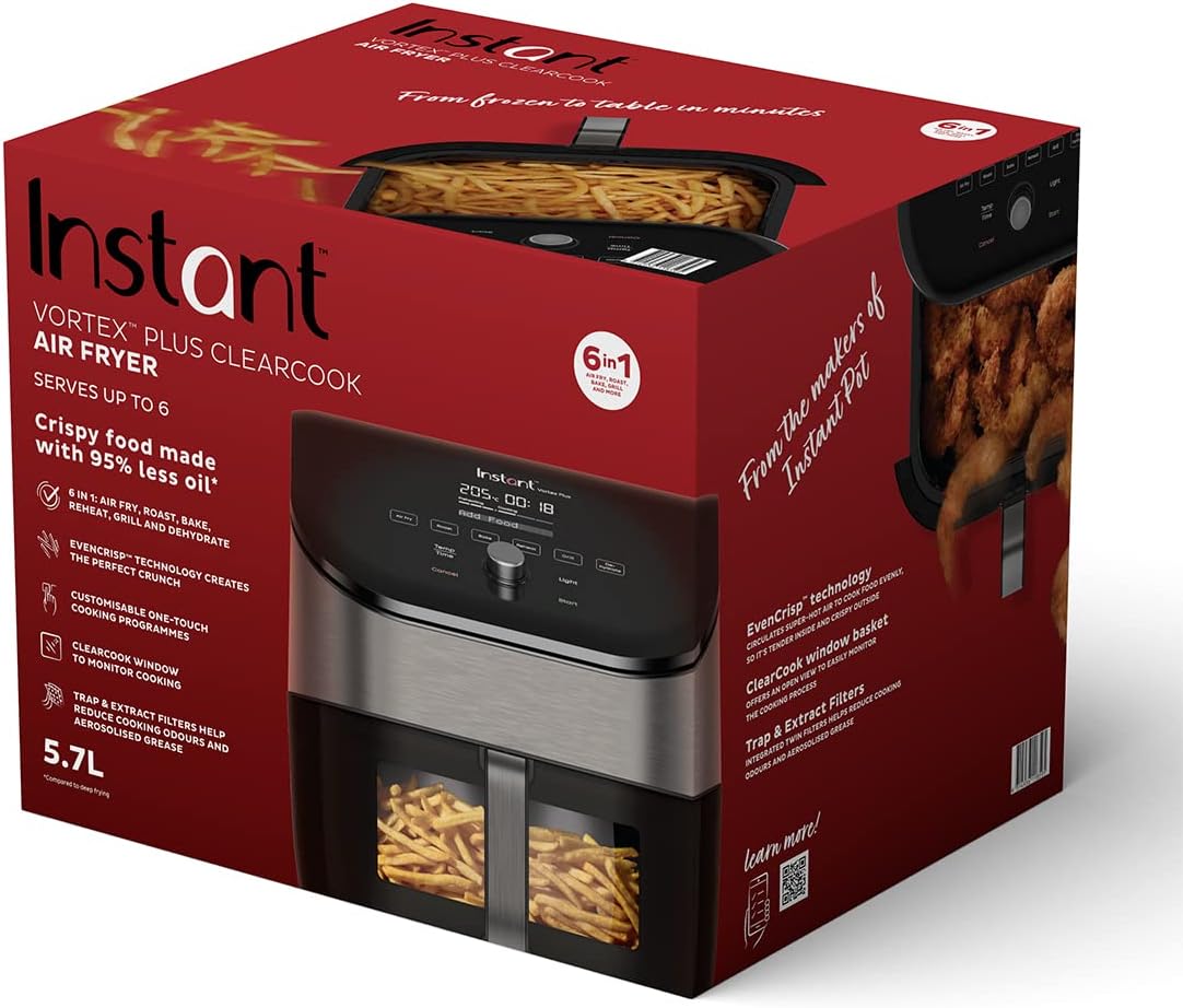Instant Vortex Plus ClearCook - 5.7L Air Fryer, Stainless Steel, 6-in-1 Smart Programs - Air Fry, Bake, Roast, Grill