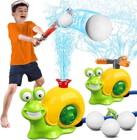 LUSTERMOON 2-in-1 Water Sprinkler Baseball Toy Set, Backyard Spinning Water Spray Toy, Summer Outdoor Sprinkler Toy, T Ball Game, Lawn Backyard Game for Kids (Slug)