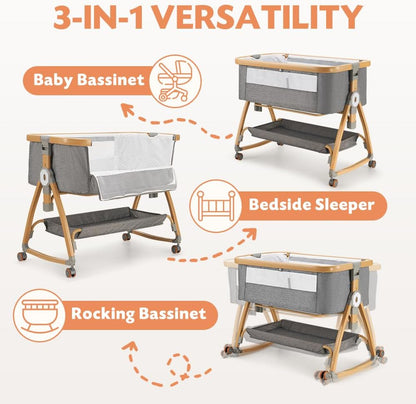 PlayPals 3-in-1 Baby Cot with Mattress, Baby Bassinet with 6 Height Adjustable, 0-18 Months Old