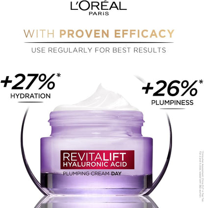 L'Oreal Paris Day Cream for Women, Hydrates and Replumps, For Radiant Skin, Revitalift Hyaluronic Acid, 15ml