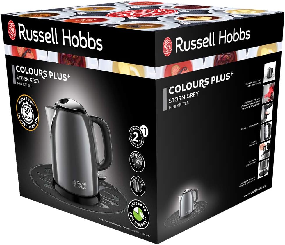 Russell Hobbs Colours+ 24993-70 Small Kettle [1.0 L] Stainless Steel Grey (2400 W, Quick Boil Function, Removable Limescale Filter, External Water Level Indicator, Travel Kettle) Tea Maker