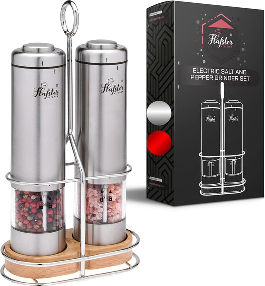 Jovial Kitchen Battery Operated Salt And Pepper Grinder Set- Electric Stainless Steel Salt&Pepper Mills - Tall Power Shakers with Stand - Grinders with LED lights and Adjustable Ceramic Coarseness