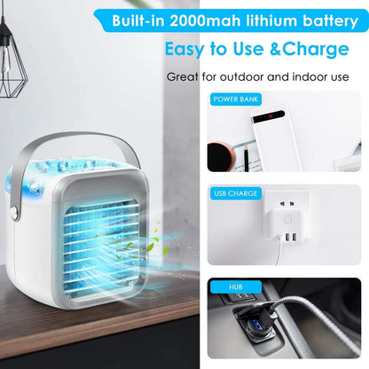 Portable Air Cooler, Rechargeable Evaporative Air Conditioner Fan with 3 Speeds 7 Colors, 3 in 1 Air Cooler with Water Tank, Cordless Personal Air Cooler with Handle for Home, Office and Room