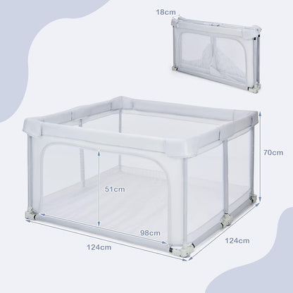 BABY JOY Foldable Baby Playpen, 124 x 124 x 70cm Playpen Activity Center w/50 Balls & 4 Pull Rings (Grey)