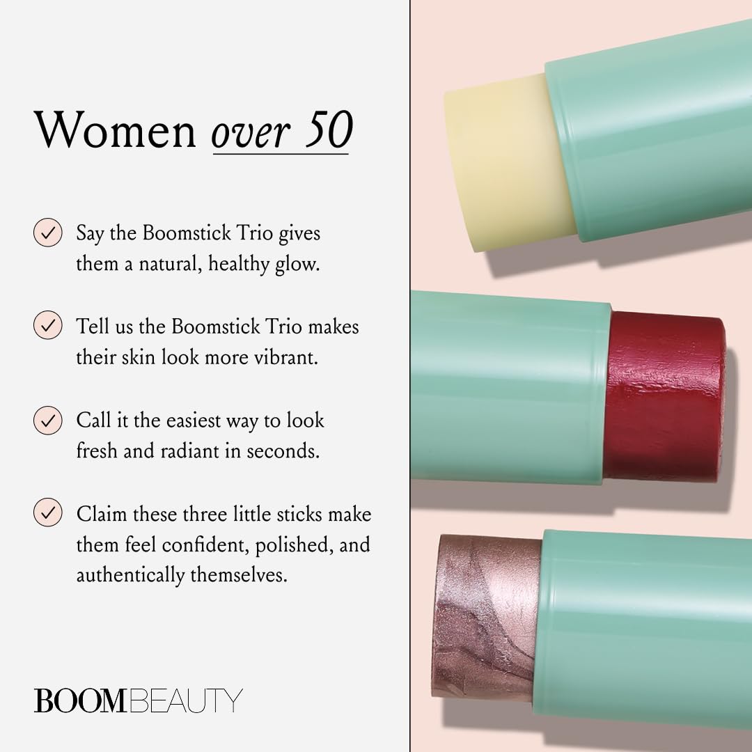 Boomstick Trio ® Color 3 Pack Cream Blush Makeup, Color Blush Stick, Highlighter Stick & Moisturizer for Cheeks, Eyes & Lips, Blendable Vegan Boom Sticks