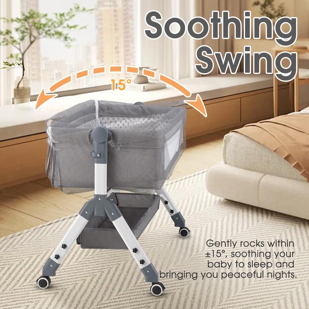 PlayPals Baby Bassinet with Mattress, Rocking Baby Crib,Grey