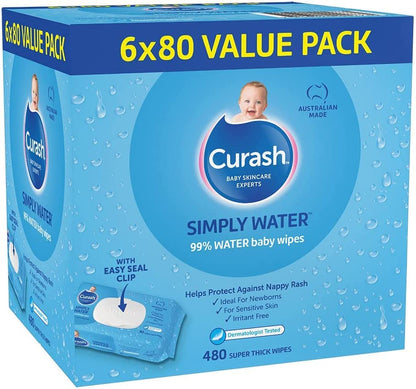 Curash Simply Water Baby Wipes, Pack of 480 (6 x 80 pack)