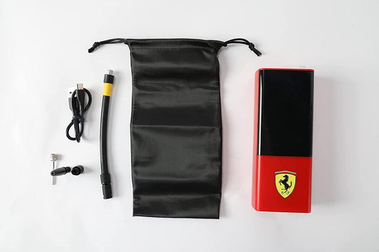 Dakott Ferrari 3pcs Set Includes- Ferrari Drawstring Backpack- Ferrari No. 2 Soccer Ball & a Ferrari Portable Air Compressor, 150 PSI Battery Power Tire Inflator Air Pump.