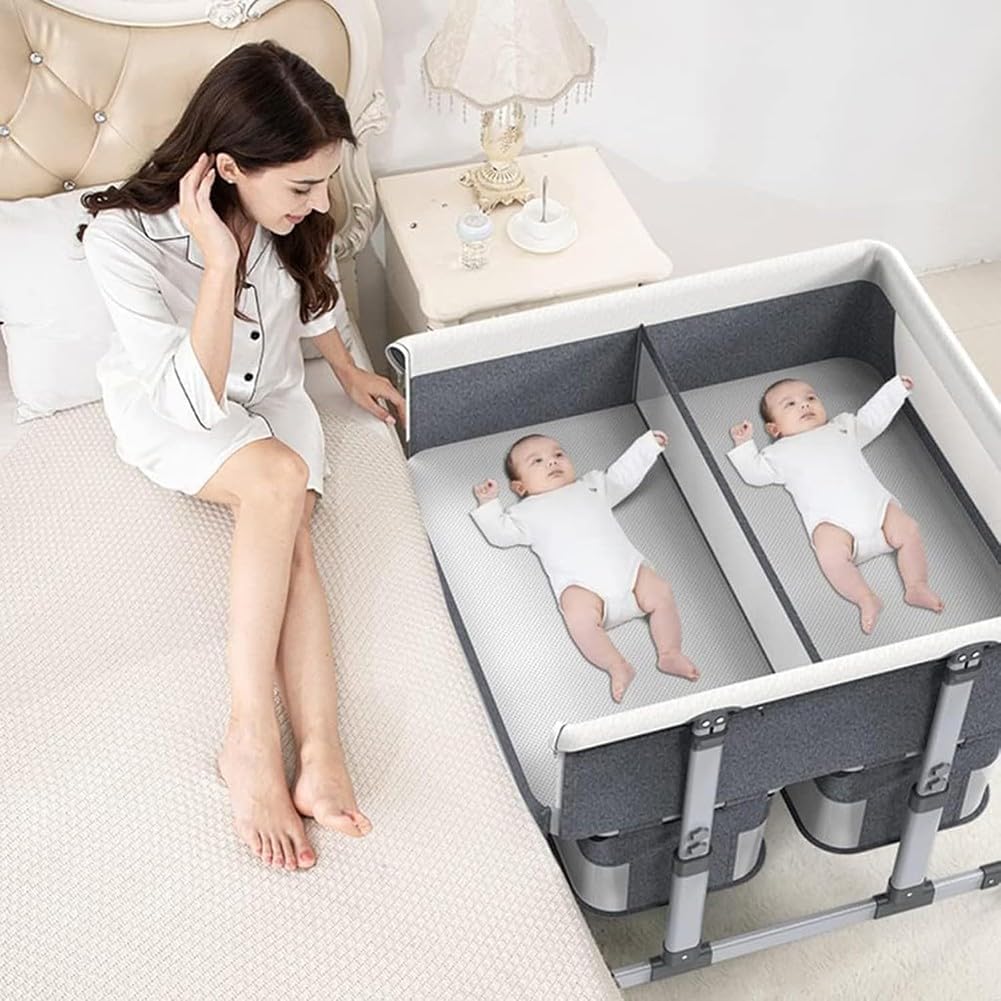 Twin Bassinet,Cosleeper Bassinet Bed Side Baby Bassinet with Storage Basket 6 Height Adjustable Anti-Emesis Side Sleeper Bassinet for Baby 1 to 36 Months Grey