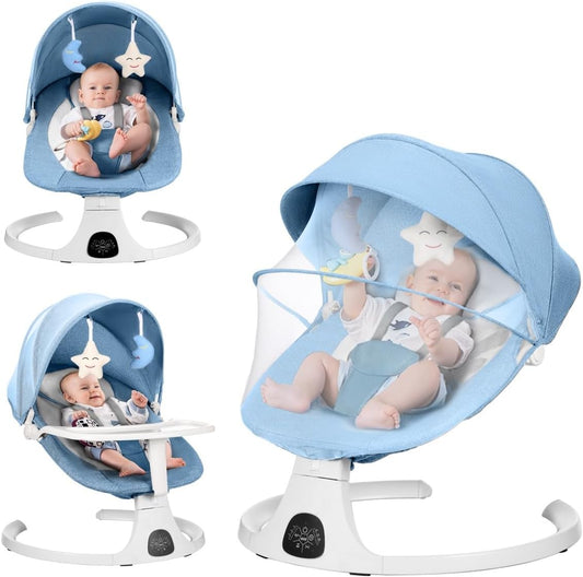 Baby Swing for Infants to Toddler, Portable Baby Rocker Swinger for Newborn Boy and Girls Outdoor Indoor with Plate,5 Swing Speeds Bluetooth Remote Control Music Speaker Lullaby Blue