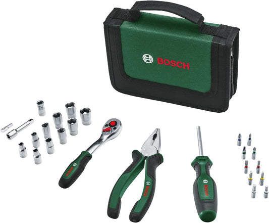 Bosch Home & Garden Mobility Hand Tool Set 26-Piece (Compact and Portable Tool Kit for DIY Tasks; Optimal Choice on the Road; 1/4" Ratchet; Combination Pliers; Universal Screwdriver; in Fabric Bag)