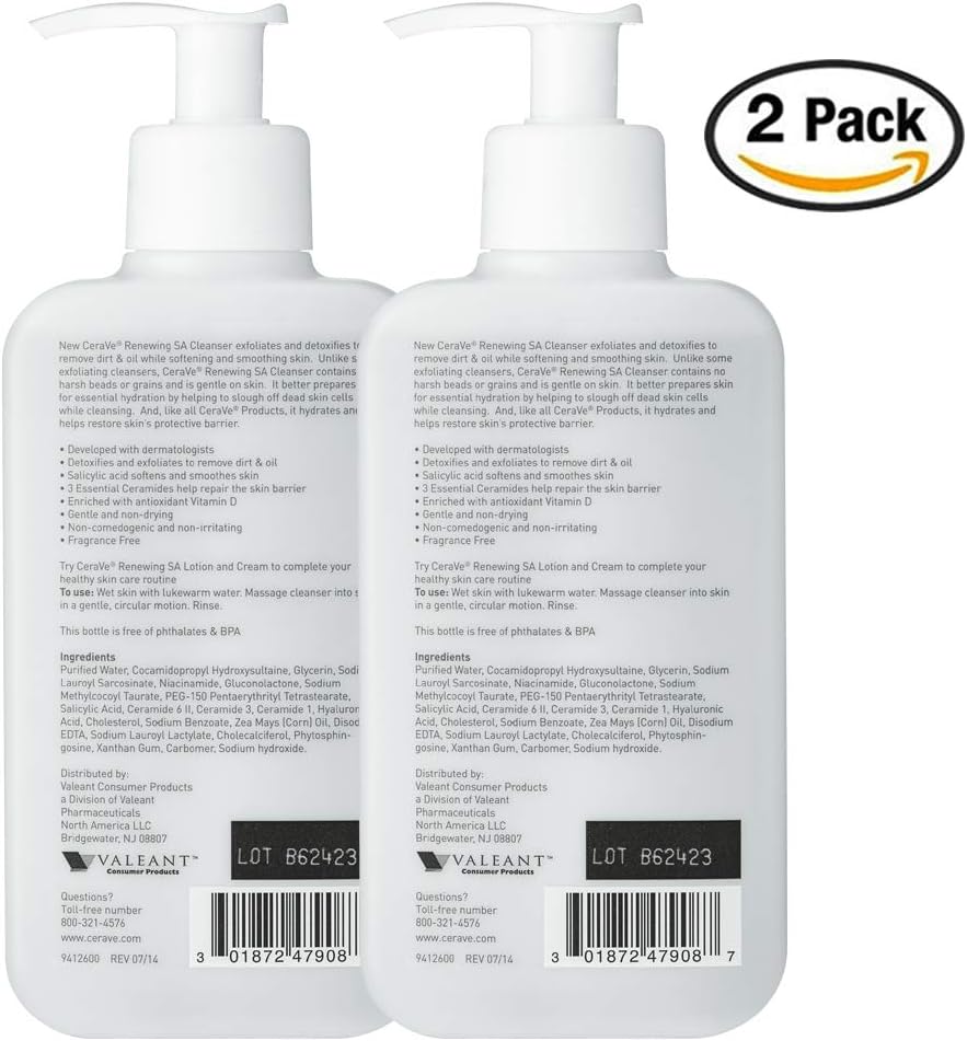 CeraVe Salicylic Acid Cleanser | 8 Ounce, Pack of 2 | Renewing Exfoliating Face Wash with Vitamin D for Rough and Bumpy Skin | Fragrance Free