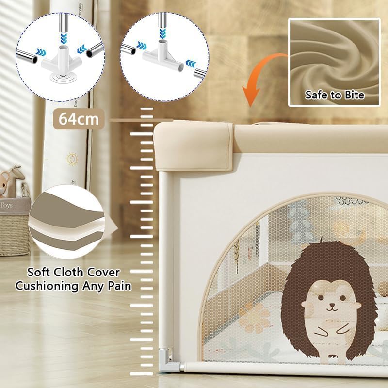 LIODUX Baby Playpen with Mat - 180 x 200cm, Baby Fence Play Area, Toddler (Khaki)