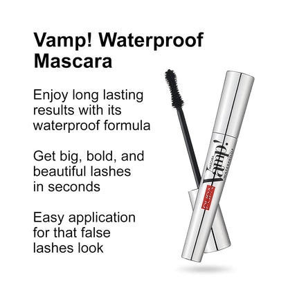 Pupa Milano Vamp! Waterproof Mascara - Add Extreme Volume and Length to Lashes - Serum-Infused Formula Promotes, Clump, and Water Resistant - 001 Extra Black - 0.3 oz