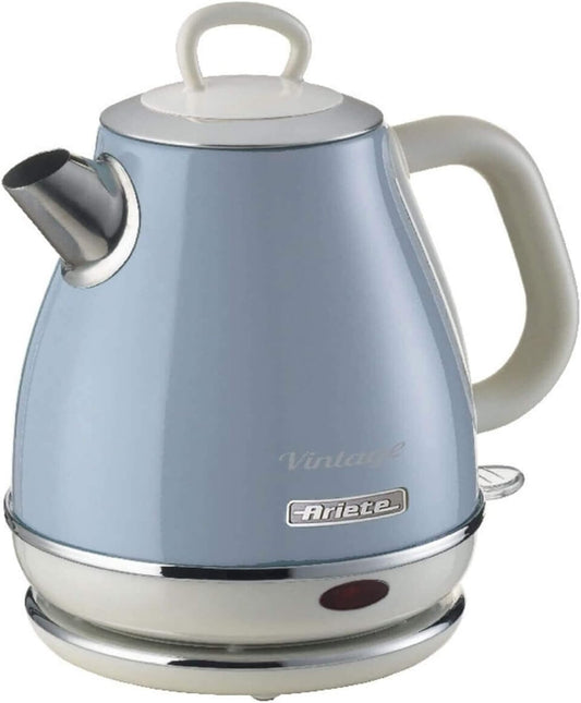 Ariete 2869 Vintage Electric Kettle Stainless Steel 1 Litre for Water, Tea and Herbal Teas with Automatic Shut-Off 2000W Light Blue