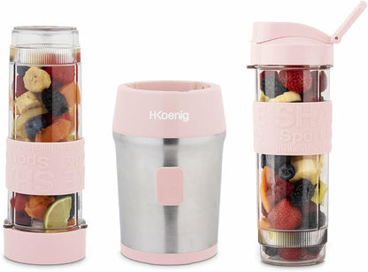 H.Koenig SMOO12 Mini Stand Blender, Pastel Pink, Smoothie Maker, 2 x 570 ml Bottles with Travel Lid and Silicone Coating, 300 W