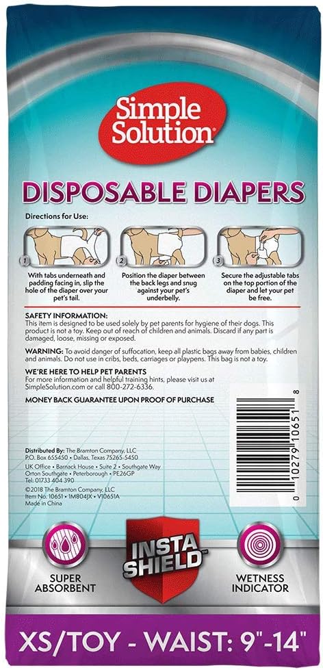 Simple Solution True Fit Disposable Dog Diapers for Female Dogs | Super Absorbent with Wetness Indicator | XS/Toy | 30 Count